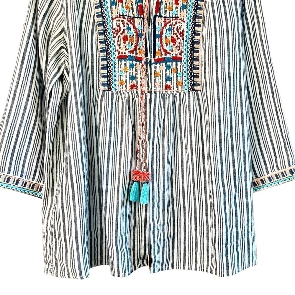 J.Jill Love Linen Boho Striped Embroidered Peasant Top with Tassels 3/4 Sleeve M - Picture 3 of 16